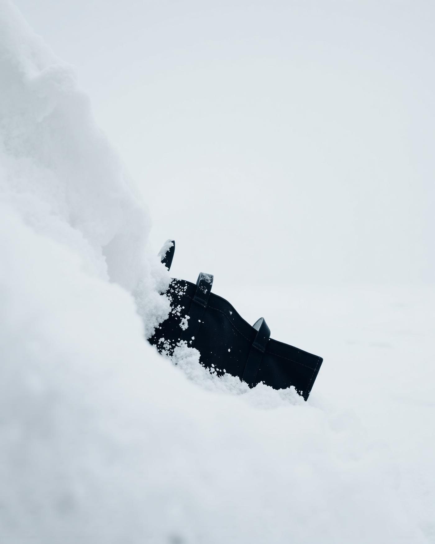 Black canvas tote partially buried in a snow drift in Svalbard