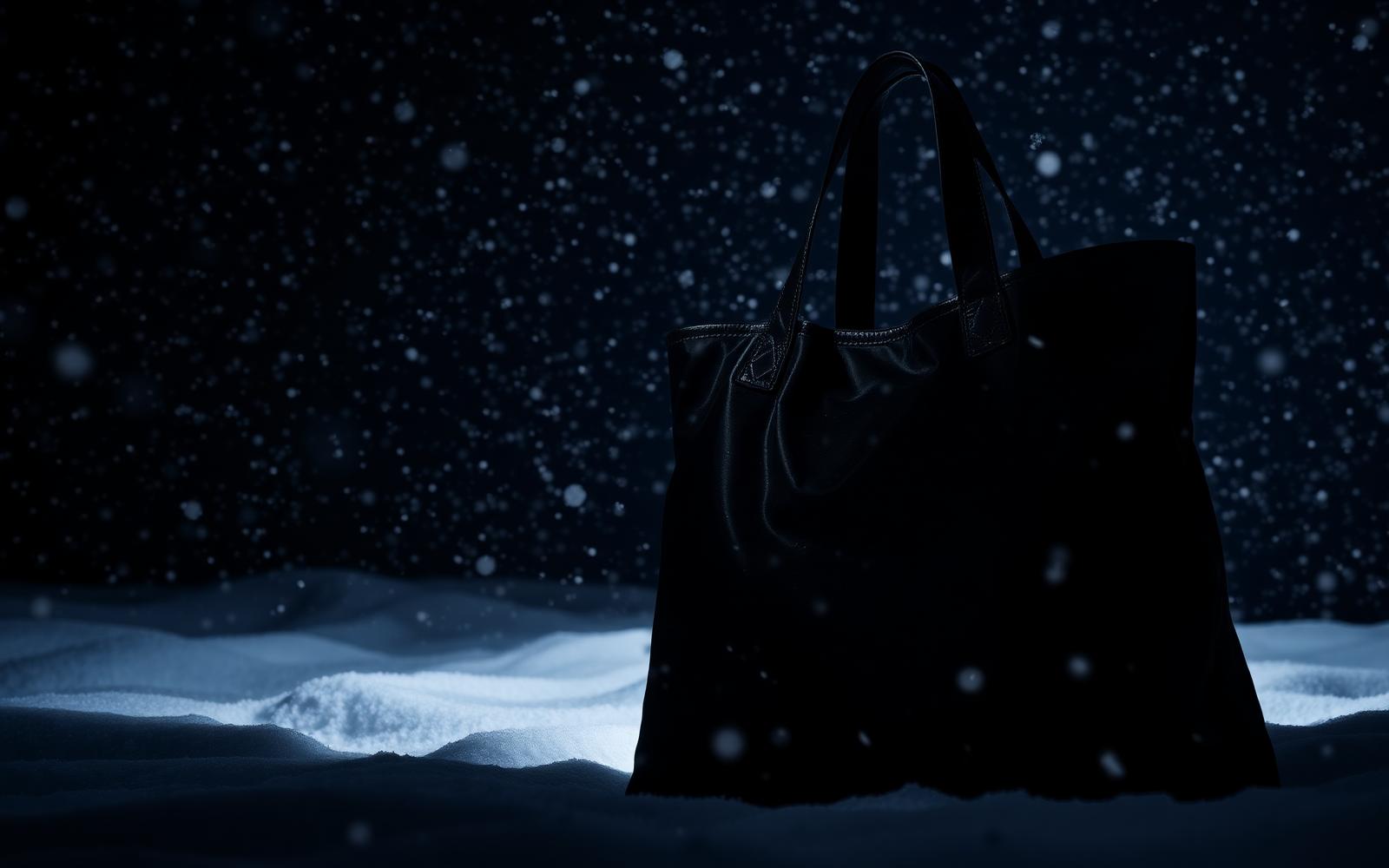 Black nylon tote lit by a single hard flash in falling snow at night