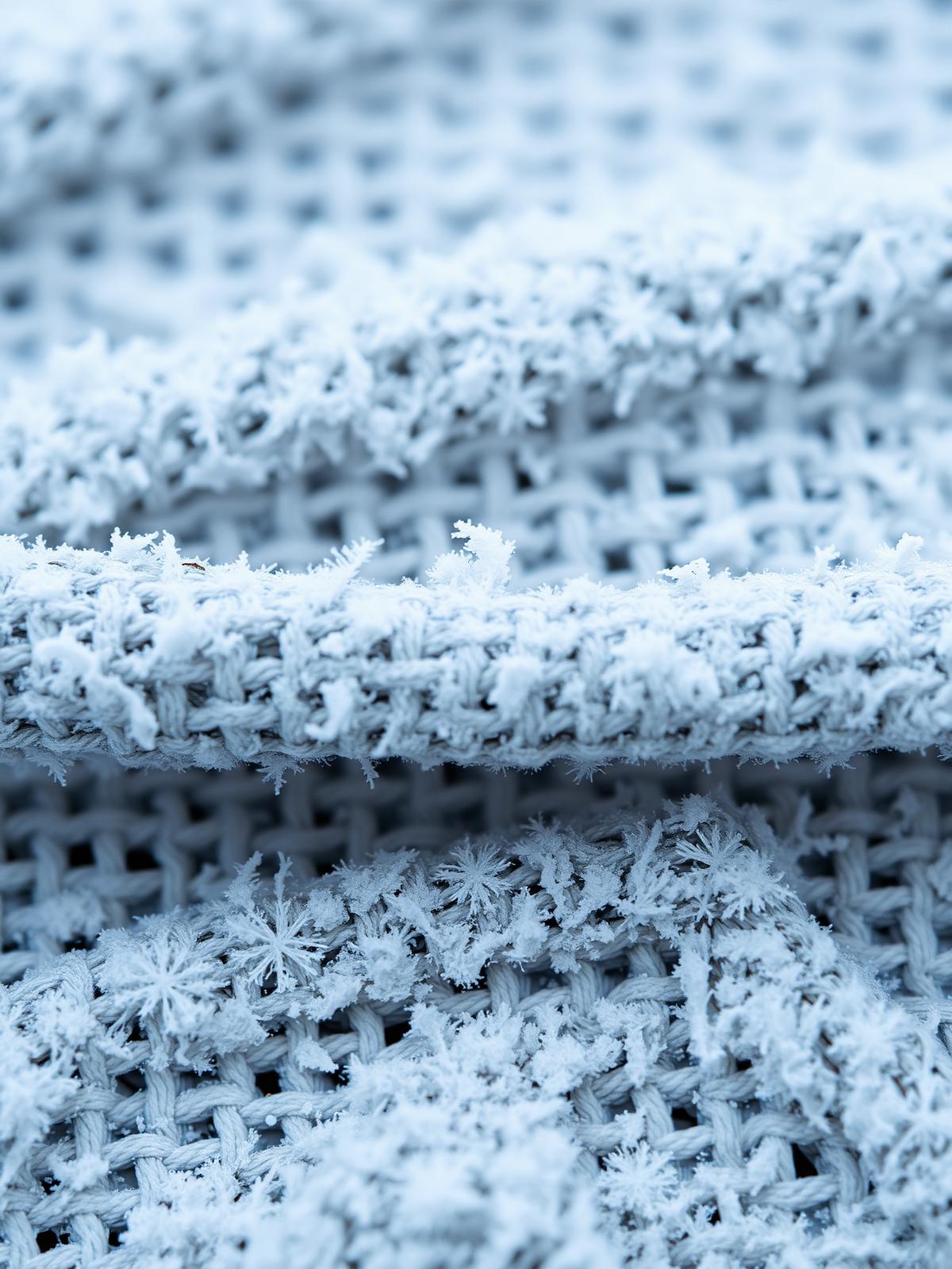 Macro view of frost forming on heavy cotton canvas weave