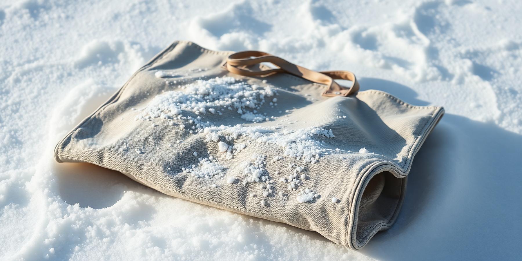 Natural canvas tote bag lying on fresh snow with snow crystals on the woven surface