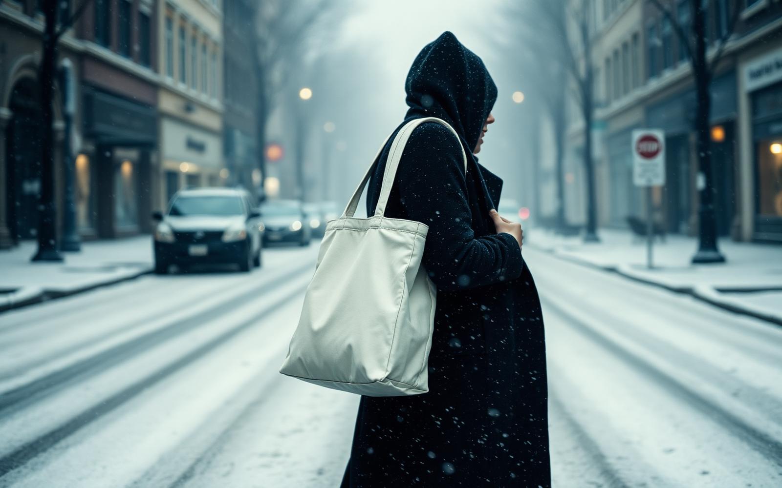 Cream canvas tote bag carried through falling snow on a winter street