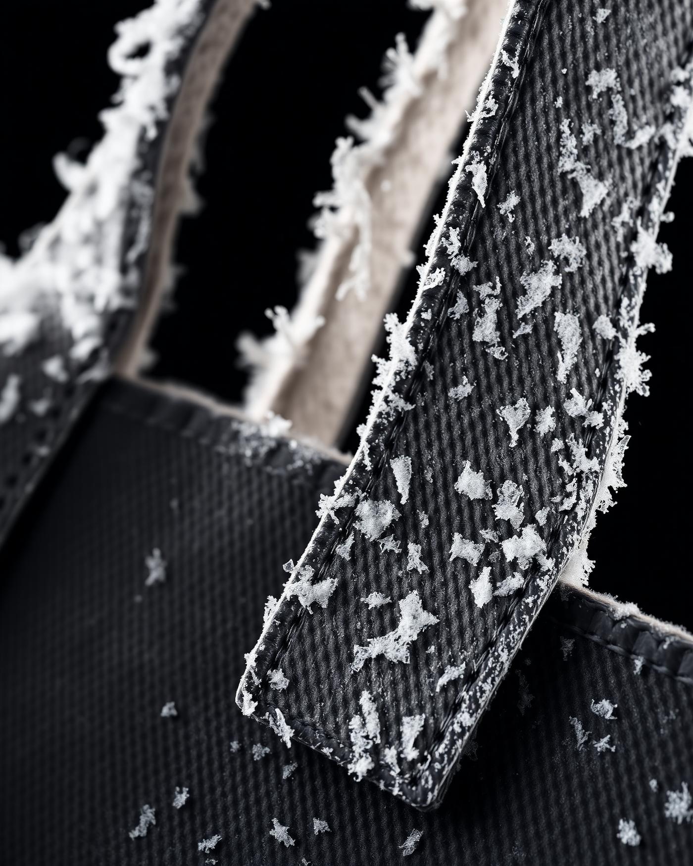 Close view of frost and ice crystals on a canvas tote handle