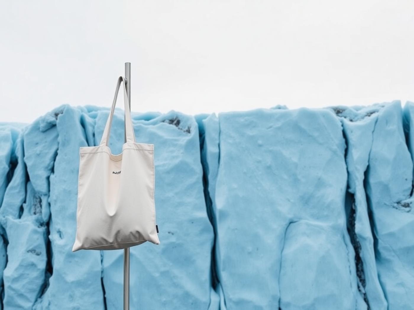 Cream cotton tote hanging from a steel pole beside a glacier wall