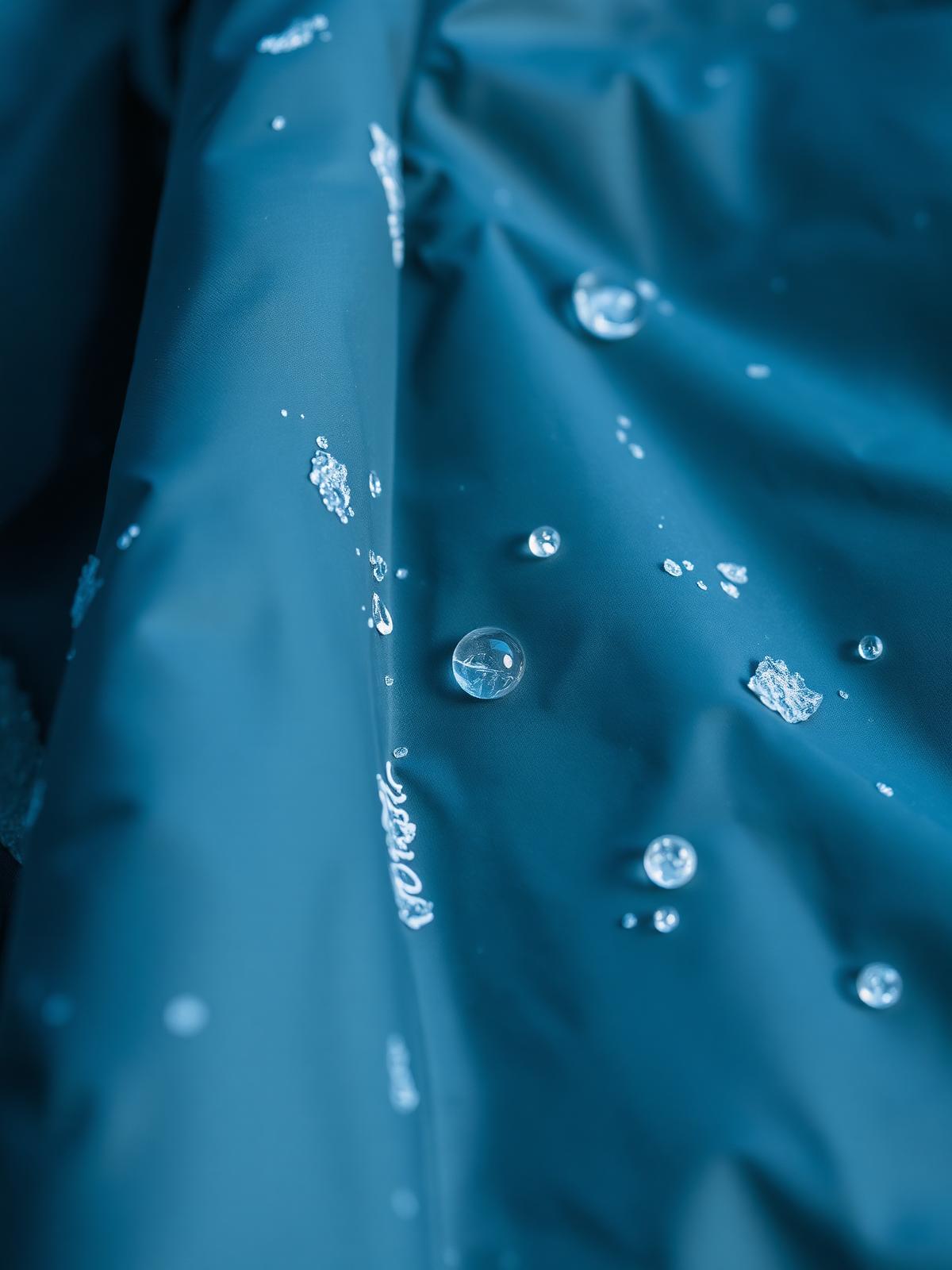 Macro view of frozen water droplets on coated nylon fabric