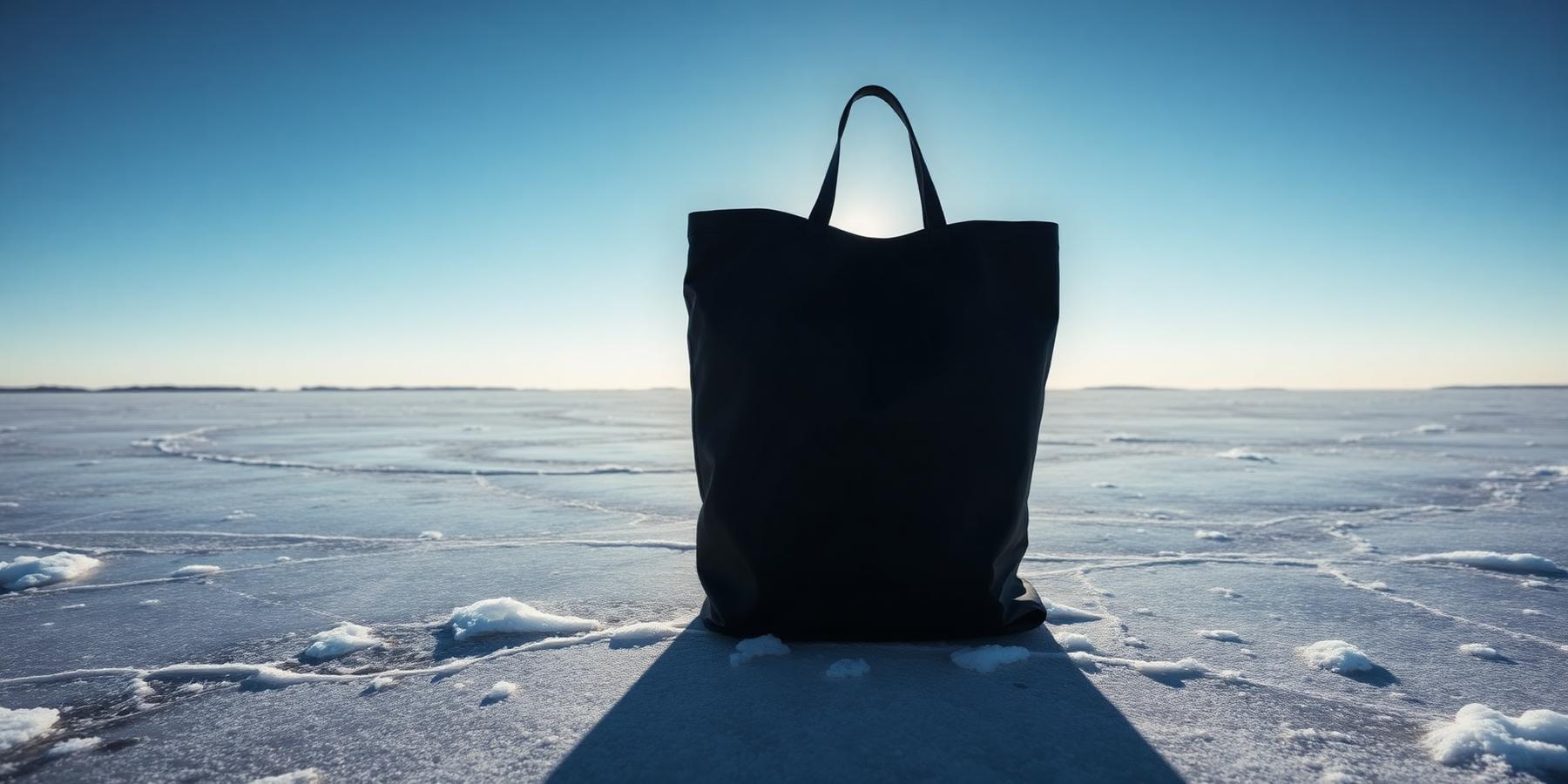 Dark nylon tote bag glazed with ice on a frozen lake in low arctic sun