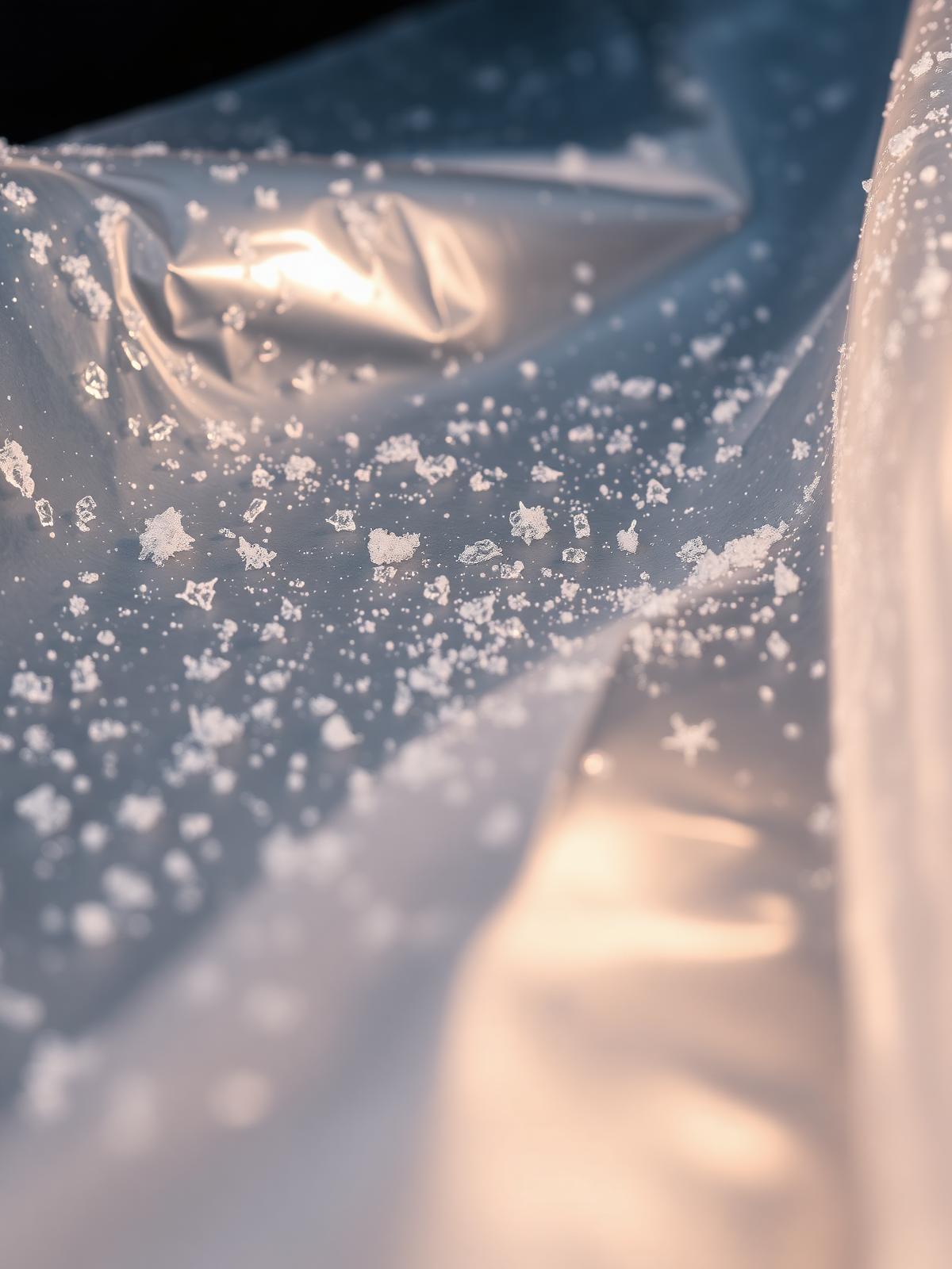 Macro view of condensation and frost crystals on translucent PVC