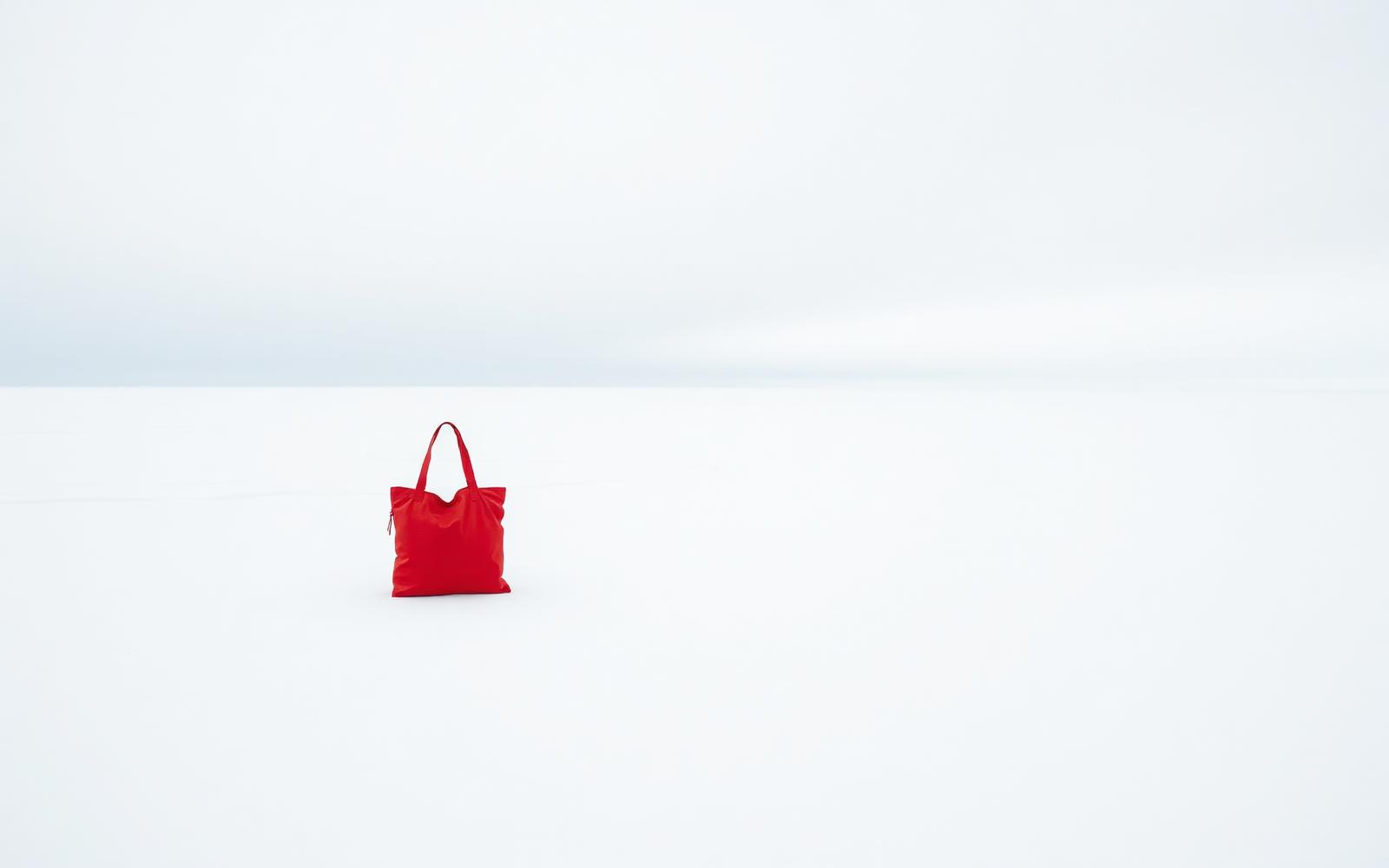 Red nylon tote photographed against a snowy landscape
