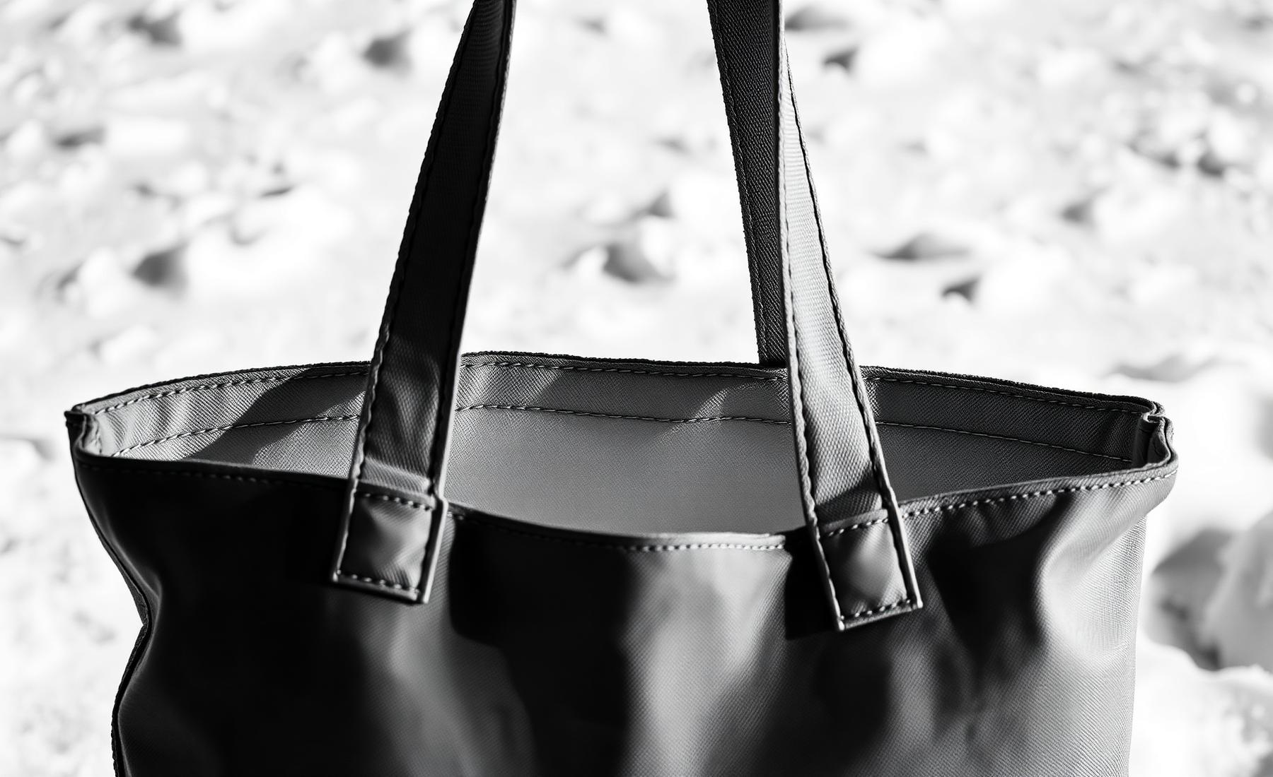 Monochrome photograph of a tote bag handle pulled taut against snow
