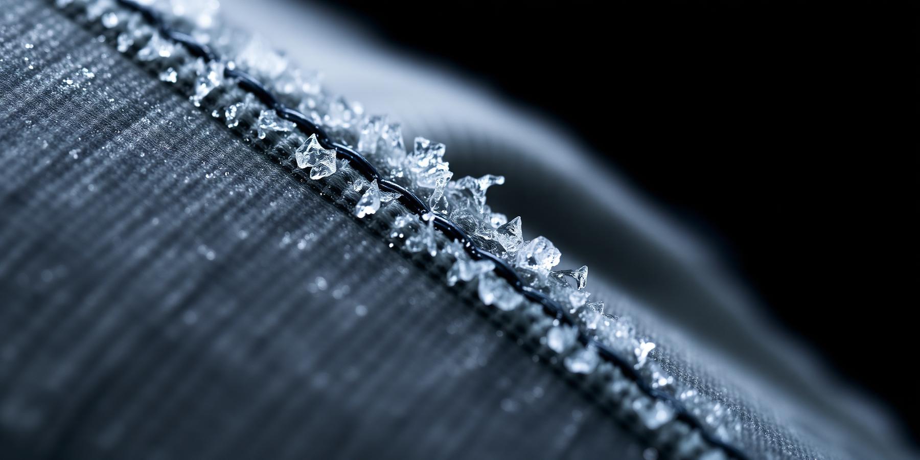 Macro view of ice crystals forming along the stitched seam of a tote bag