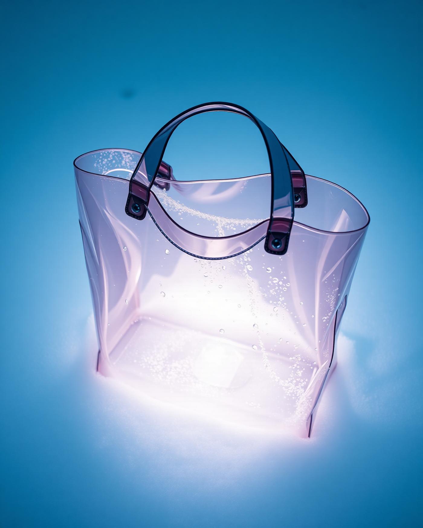 Translucent PVC tote covered in condensation and frost on snow