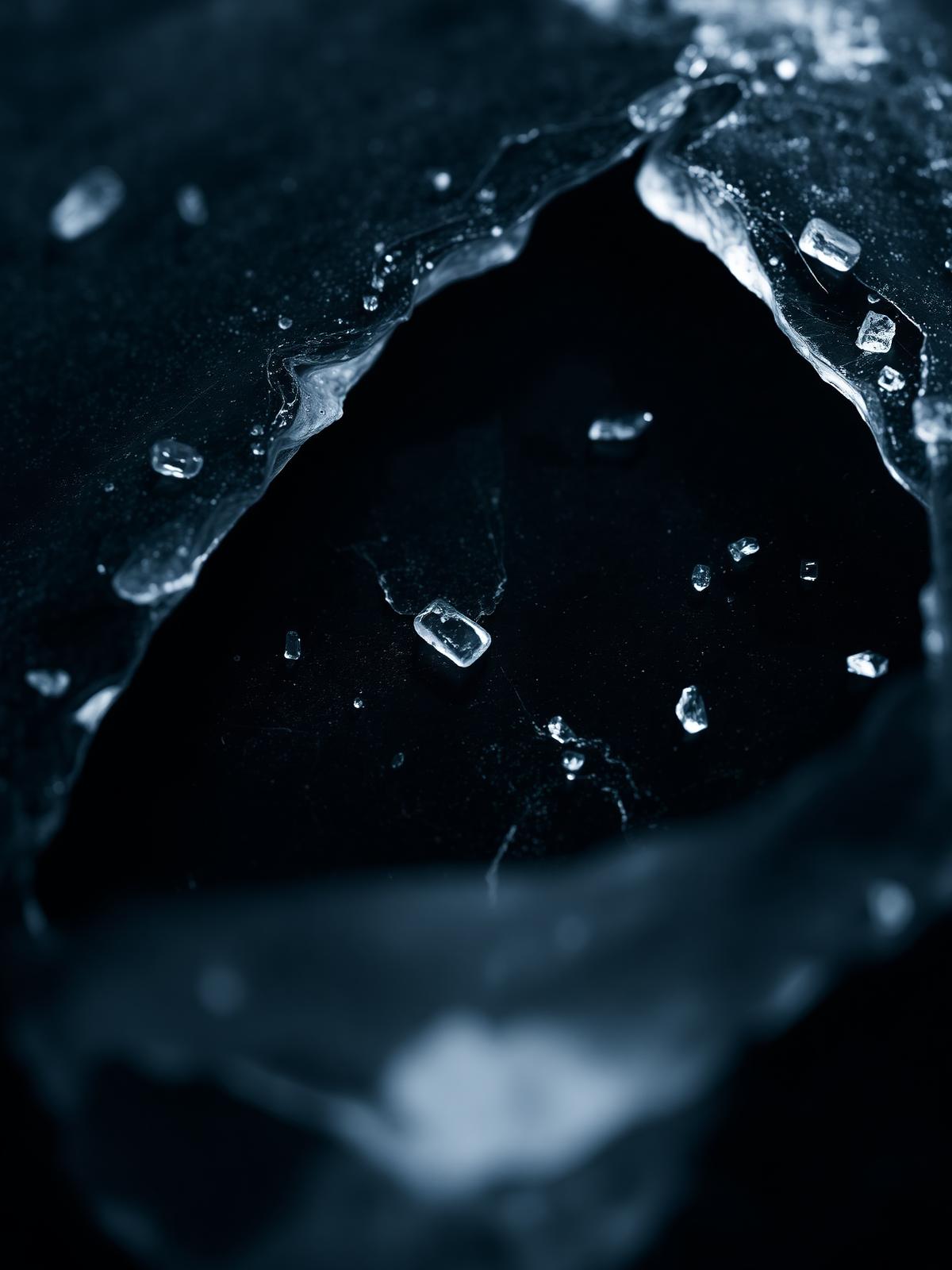 Macro view of an unidentified dark textile encased in clear ice